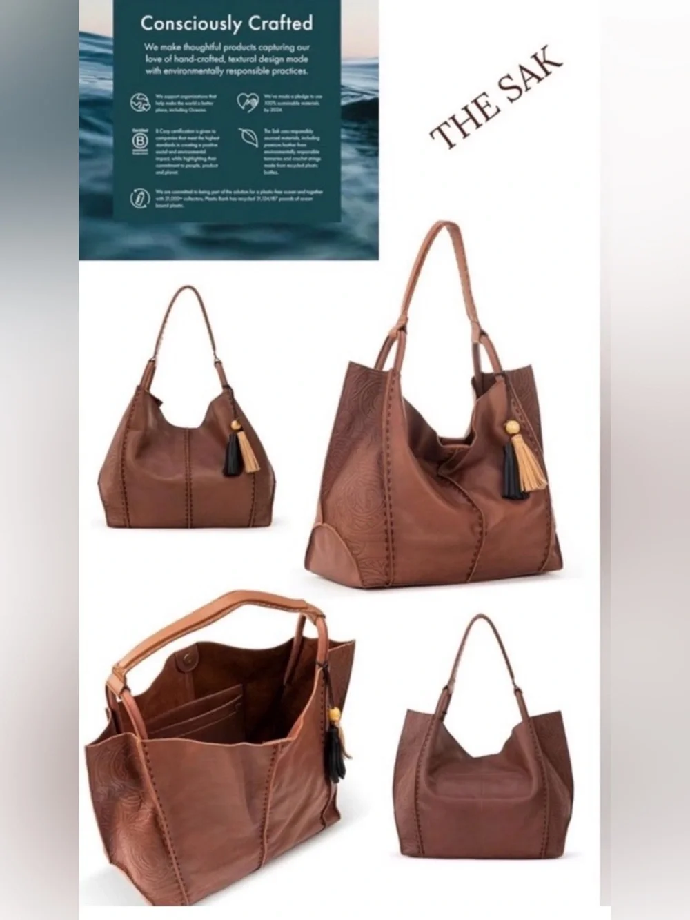 The Sak Los Feliz Large Brown Leather Tote Bag with Tassel Embossed - Picture 1 of 7
